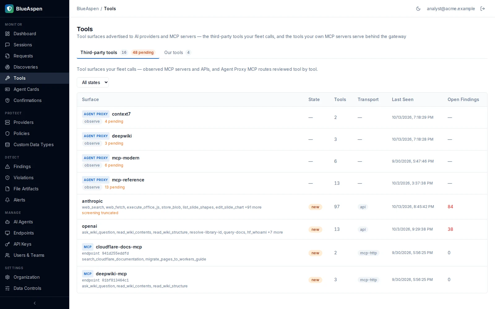 The MCP tool surface an agent sees compared to its approved catalog, with new tools awaiting approval.